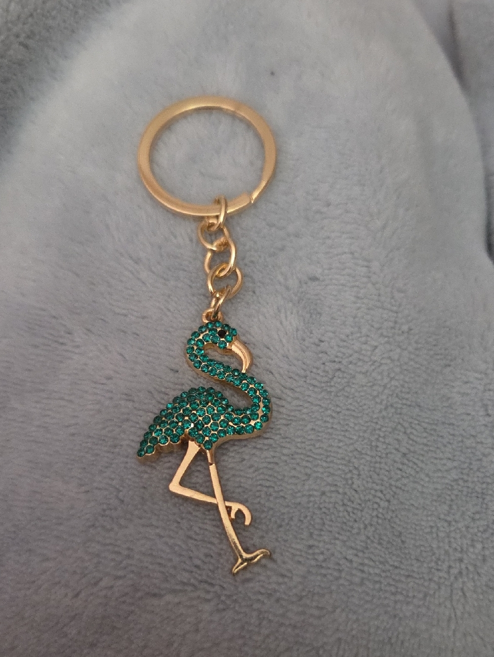 Gold Flamingo Keychain with Teal Crystal Accents